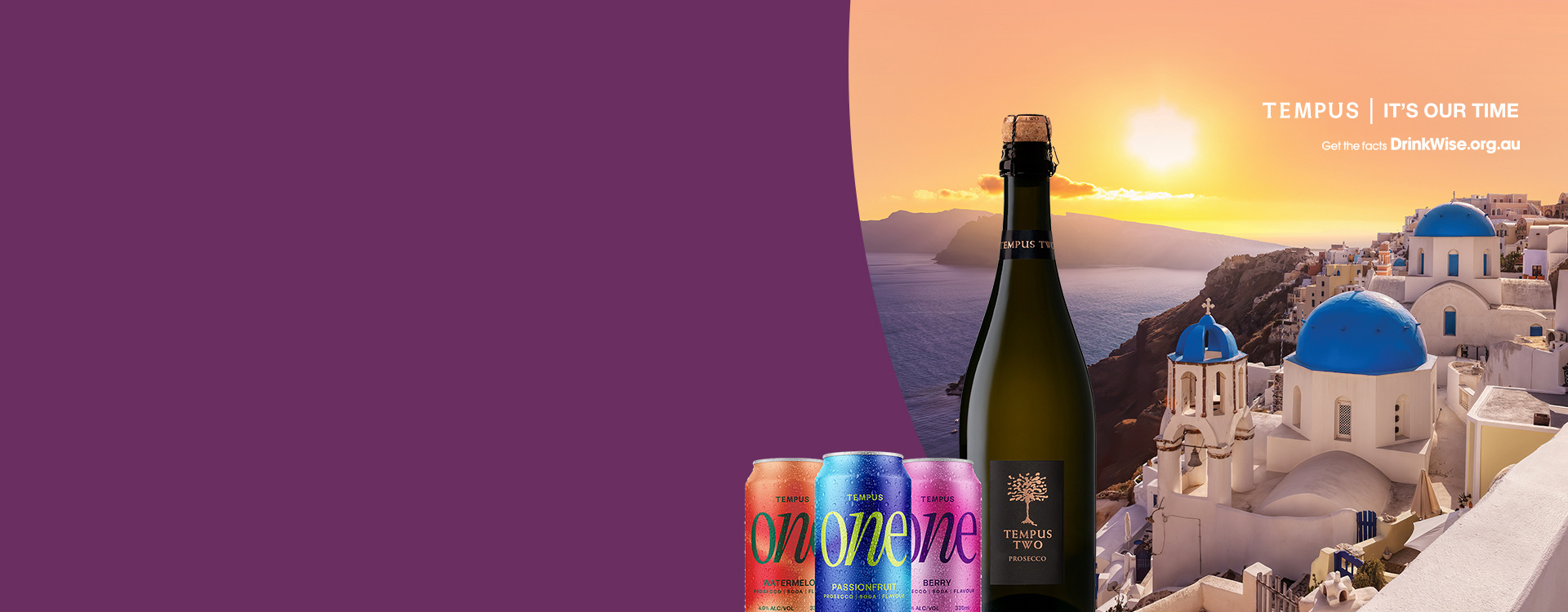 Endless Summer greece promotional homepage banner with Tempus One cans and a bottle of Tempus Two Prosecco